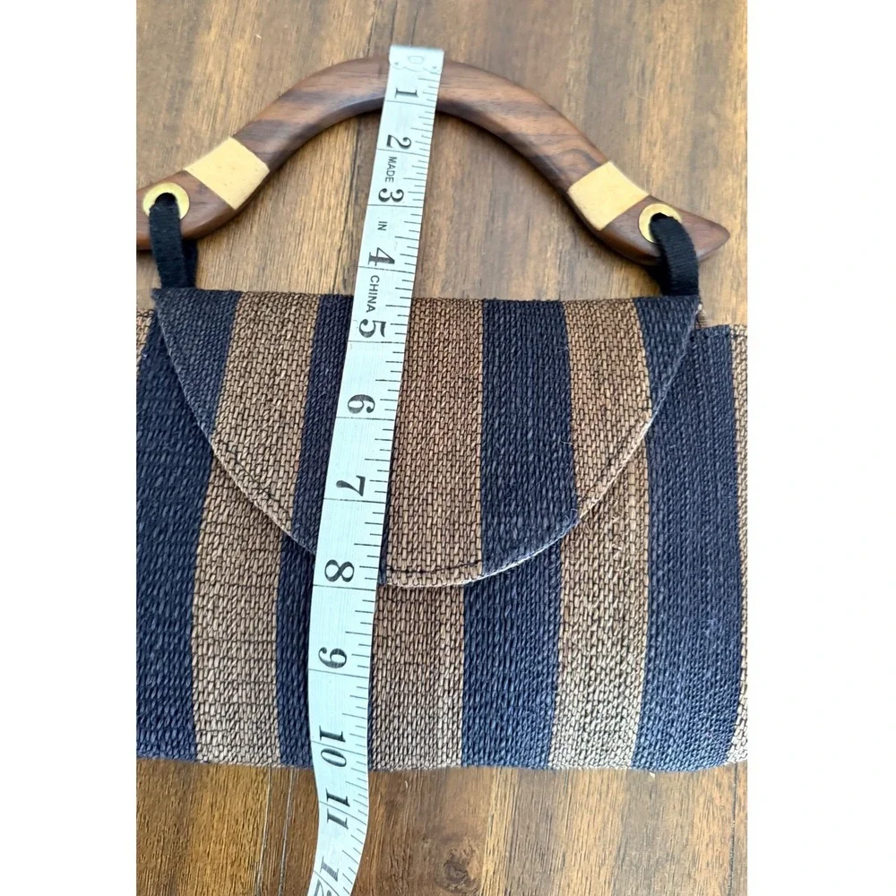 Woven Straw Striped Handbag Black Brown Wood Top Handle Bag purse vintage style